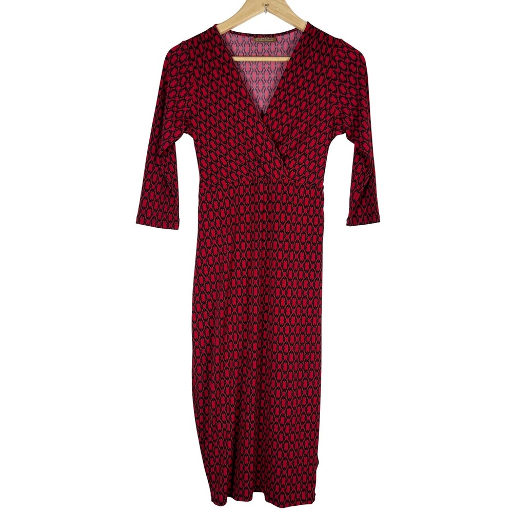 Miss Tina by Tina Knowles Red Black Chain Print Faux Wrap Midi Dress  3/4 Sleeve